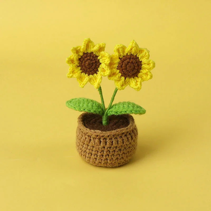 Home Decor Crochet Sunflower in Pot — Hand-Knitted Faux Flower Graduation Gift & Shelf Accent