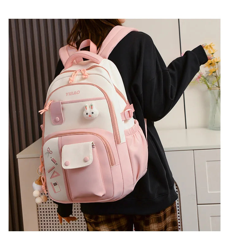 Cute rabbit children school backpack for teenage girls Fashionable splicing color contrast fresh lady knapsack kids schoolbags