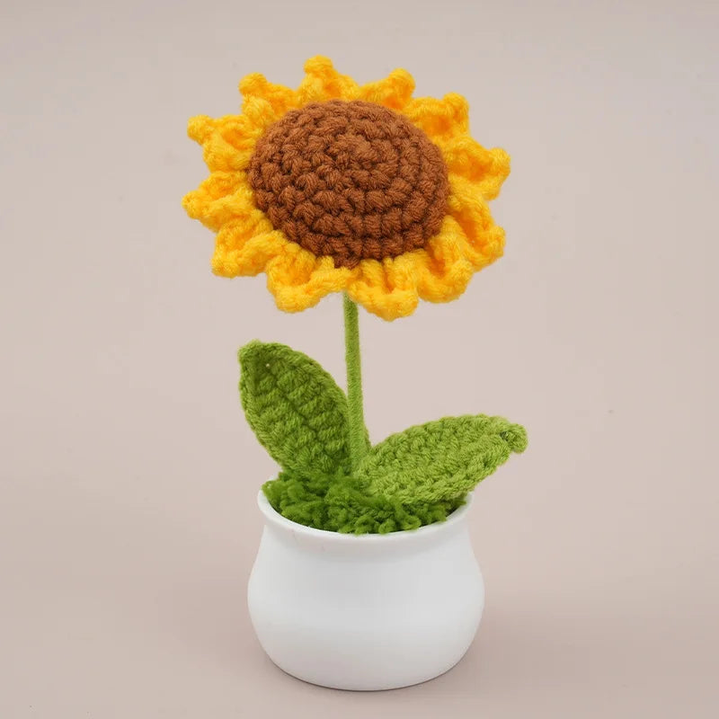 Home Decor Crochet Sunflower in Pot — Hand-Knitted Faux Flower Graduation Gift & Shelf Accent