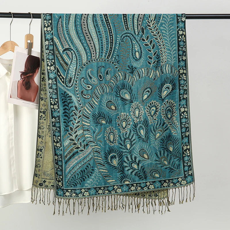 Cashmere-Feel Paisley Scarf Luxury-inspired — Tassel Hijab Pashmina Shawl Wrap, Blue Palette — view 4 of scarves & wraps
