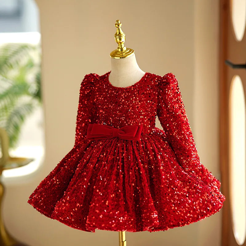 Long Sleeve Fashion Red Princess Ball Gown For Girls Sequins Bow Design Birthday Party Wedding Dress g170