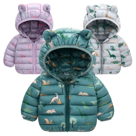 Children Boys Baby Hooded Lightweight Down Jackets Warm Outerwear Autumn Kids Girls Coats Cartoon Dinosaur Print