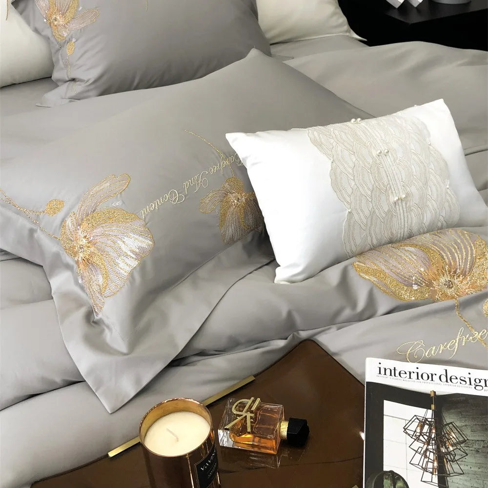 Luxury Embroidered Cotton Bedding Set – Double Duvet Cover, Flat Bed Sheet & Pillowcases