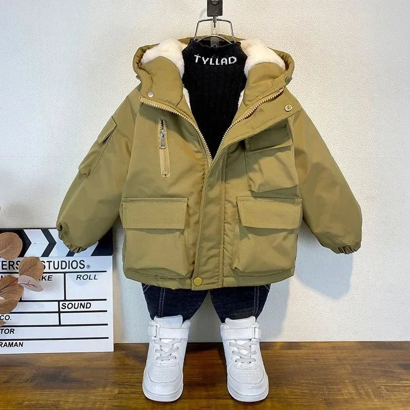 New Winter Down Cotton Jacket Boys Black Hooded Coat Children Outerwear Clothing Teenage 3-8Y Kids