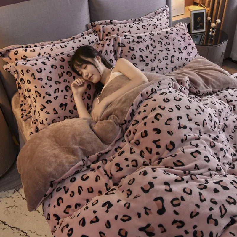 Coral Fleece Four-Piece Set Winter Thicken Thermal Double-Sided Flannel Bed Sheet Leopard Quilt Cover Milk Fiber Bedding