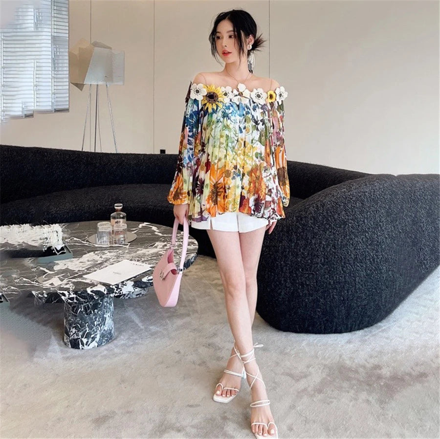 2024 Spring Women Top Patchwork Mesh Off Shoulder Printed Blouse Three-dimensional Flower Fashion Draped Loose Shirt