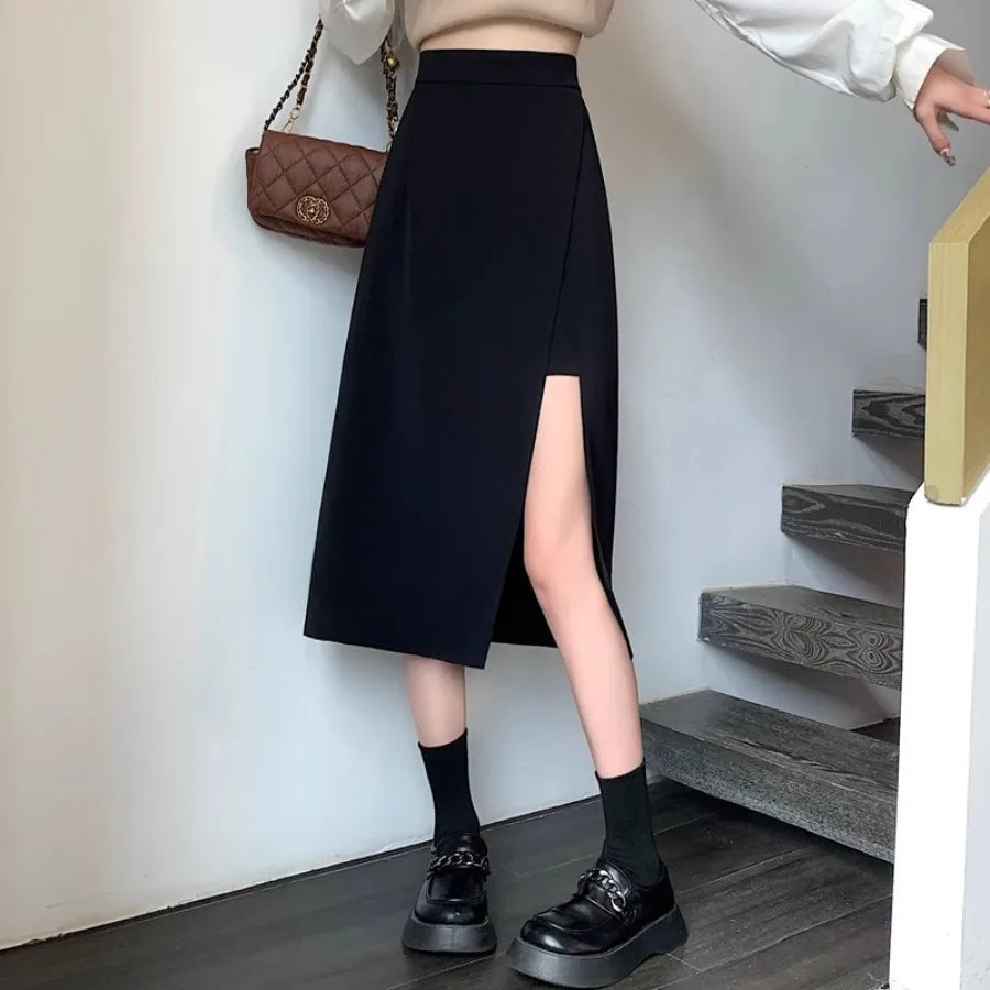 Front-Slit Mid-Long Pencil Skirt — High-Waist Body-Skimming Evening — side detail