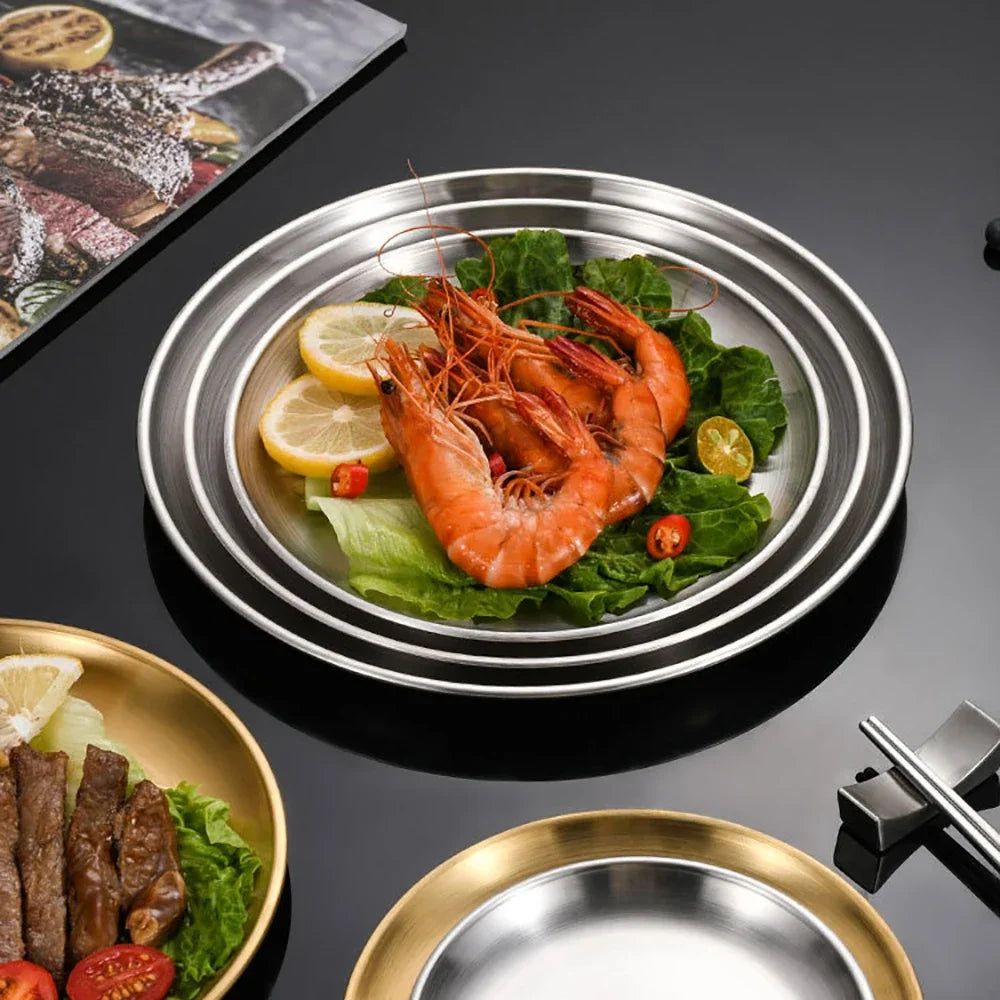 Stainless Steel Round Silver Tray Set &mdash; Rust-Proof Shallow Plates for BBQ, Picnic &amp; Camping — view 2 of dining & tableware