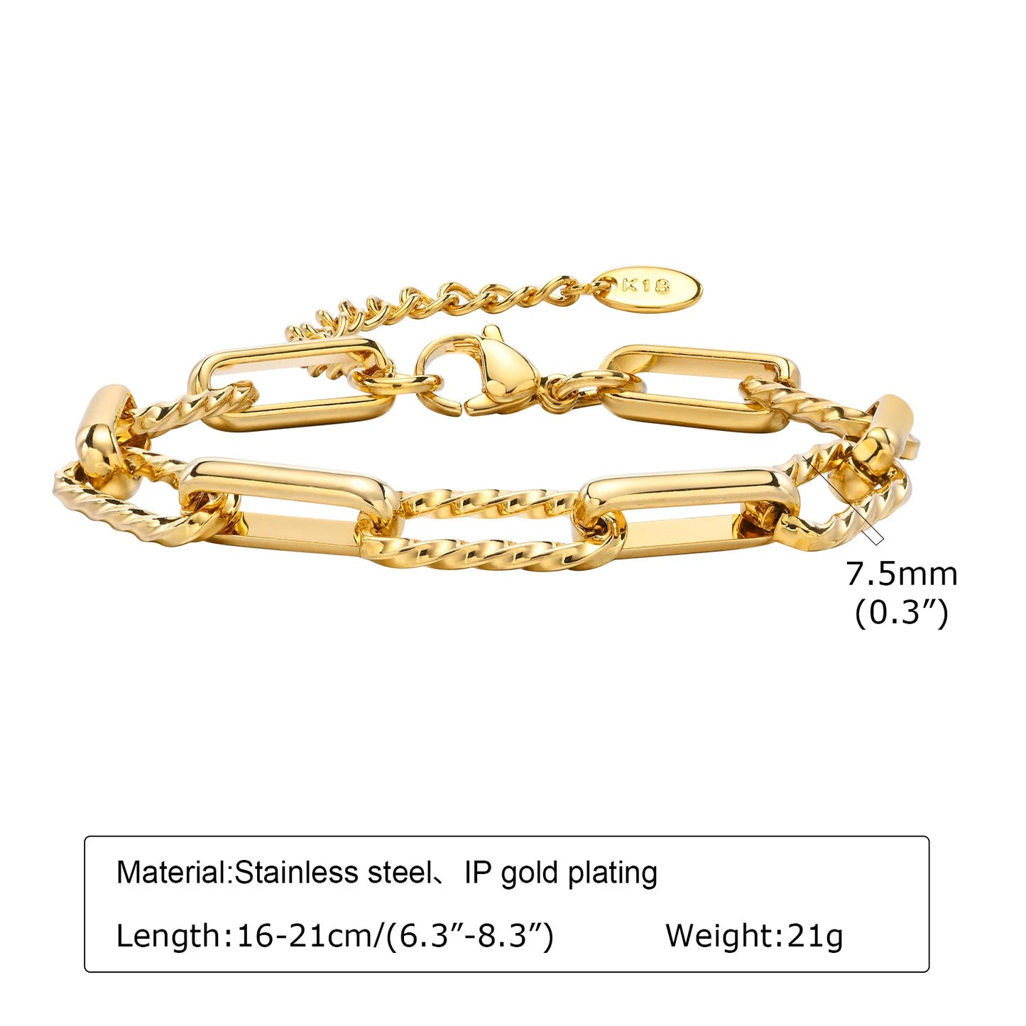 Women's 18K Gold-Plated Twist Paperclip Chain Bracelet Stainless Steel Stackable Wrist Chain — view 16 of bracelets