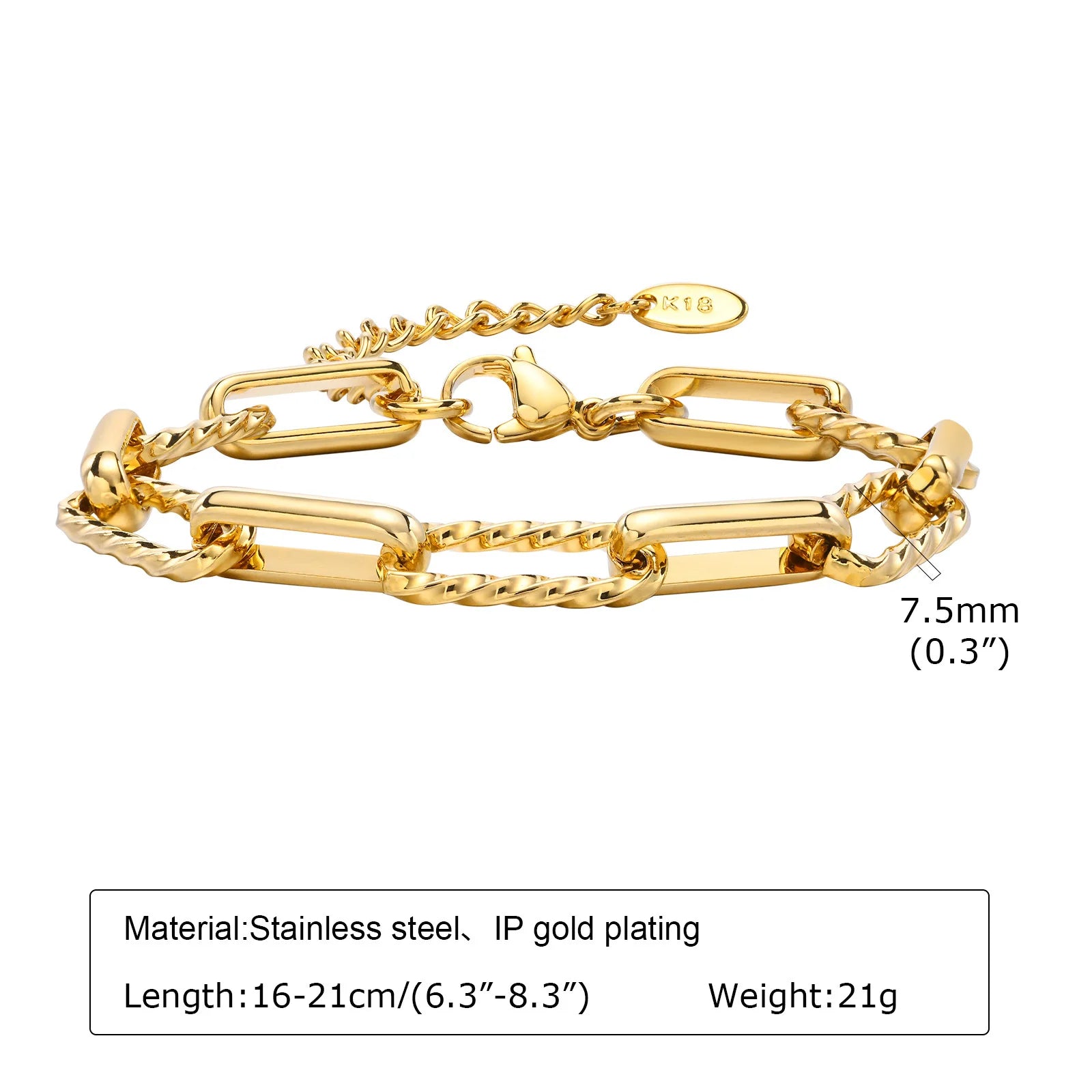 Women's 18K Gold-Plated Twist Paperclip Chain Bracelet Stainless Steel Stackable Wrist Chain — view 16 of bracelets