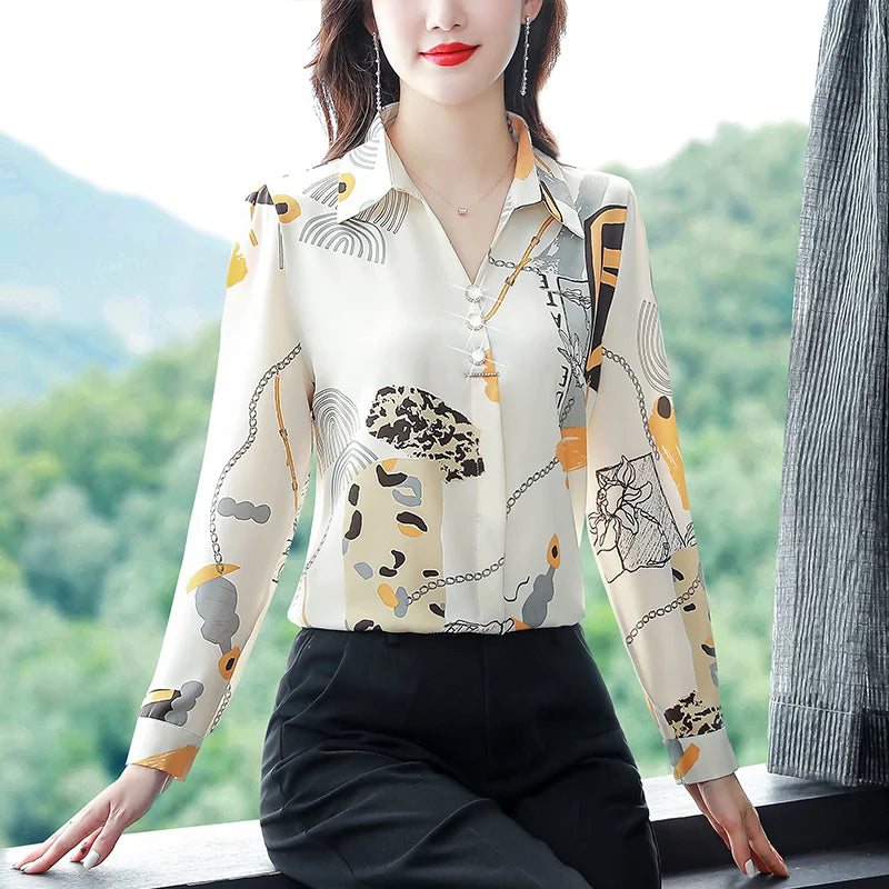 Spring Printed Chiffon Shirt – Women’s Slim Vintage Long-Sleeve Retro Blouse