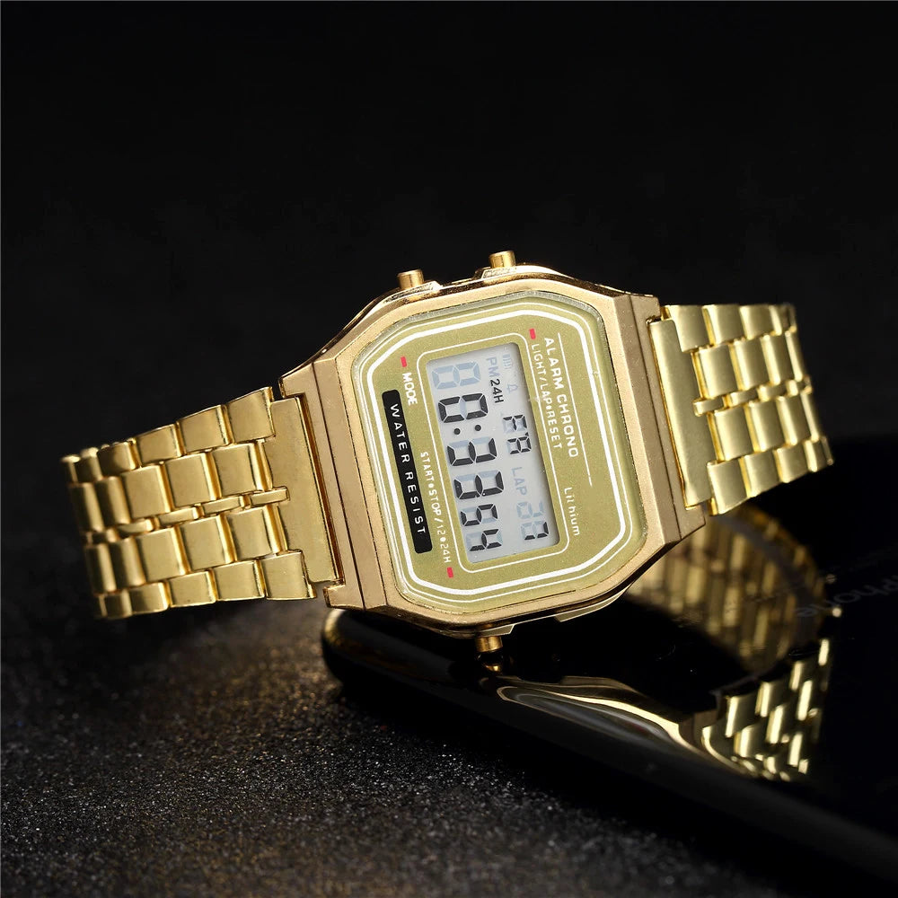 Men's digital LED multifunction sports watch with gold stainless steel bracelet — view 4