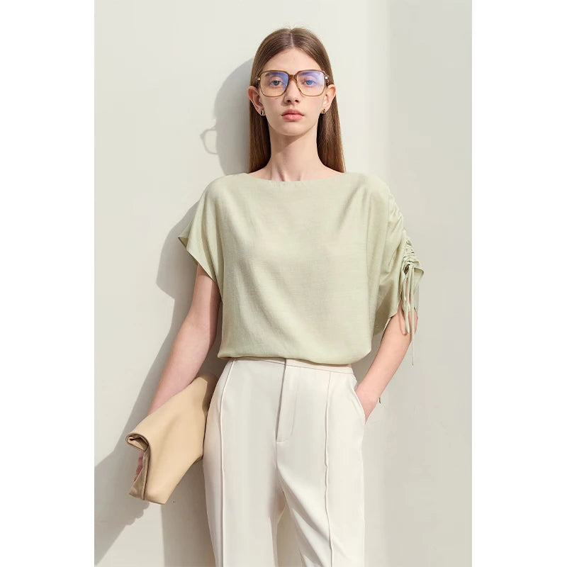 Amii Minimalism 2024 Summer Chiffon Shirts Women Slash Neck Asymmetric Short-sleeve Pleated Loose Blouses Women Tops 12452096