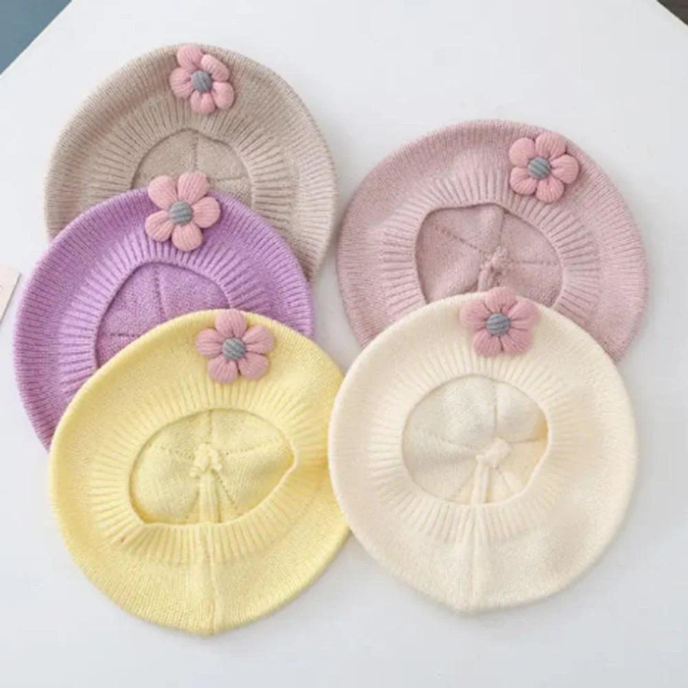 Flower Baby Beret Hat Winter Warm Knitted Beanie Cap for Infant Girls Korean Toddler Princess Artist Solid Color Painter Caps