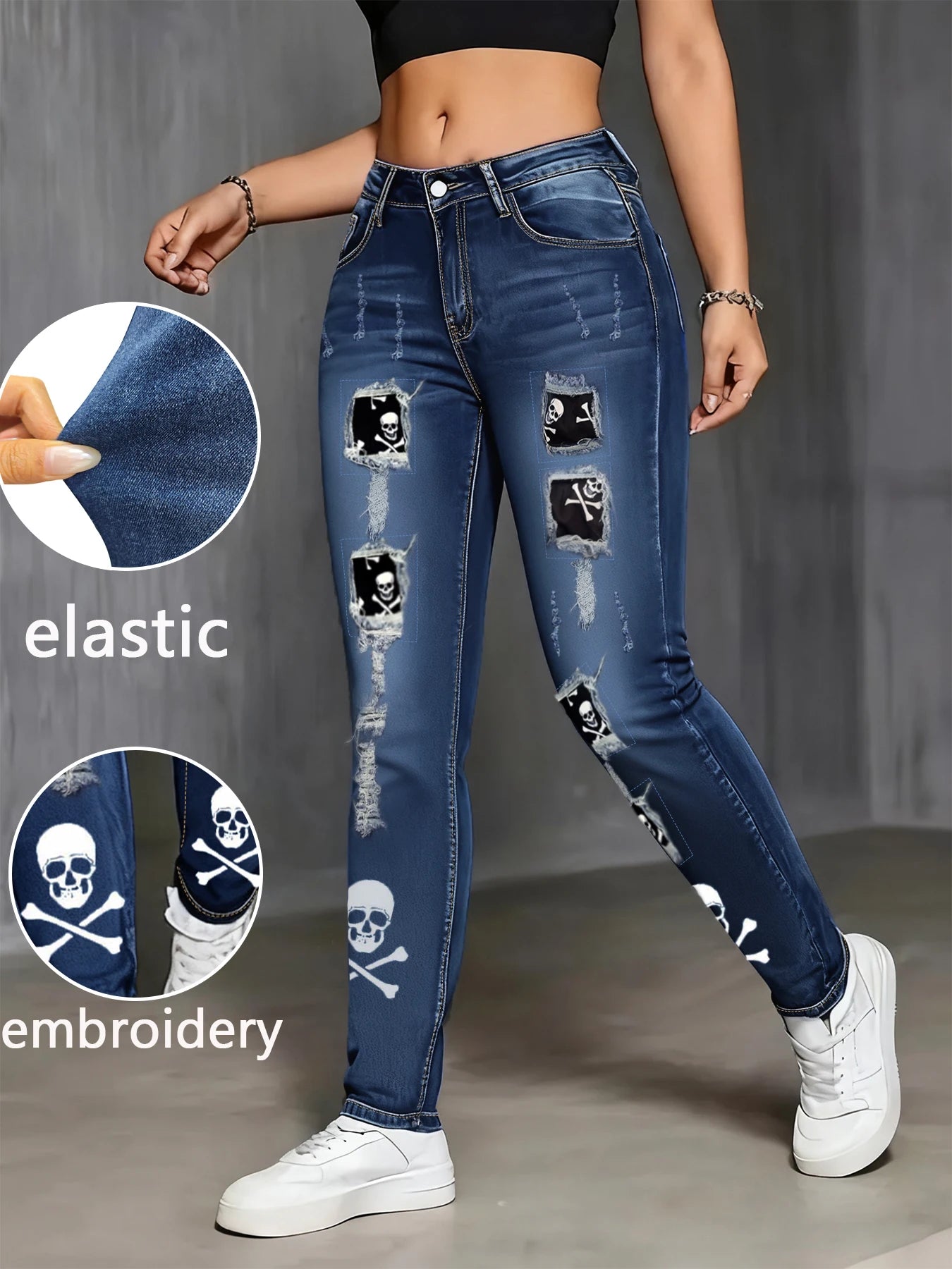 Plus-Size Dark-Wash Floral Embroidered Flare Jeans — Mid-Rise Slim Wide-Leg Denim — variant view 6