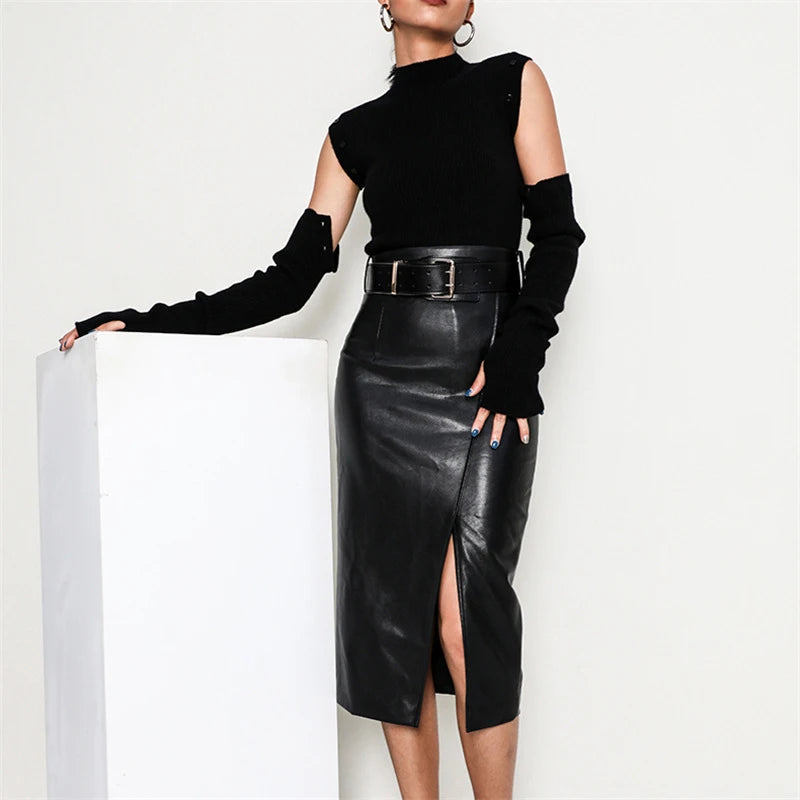 Black Real Sheepskin Skirt Elegant Office Ladies Sexy High Waist Split Bodycon Skirts Fashion Genuine Leather Over Knee Skirts