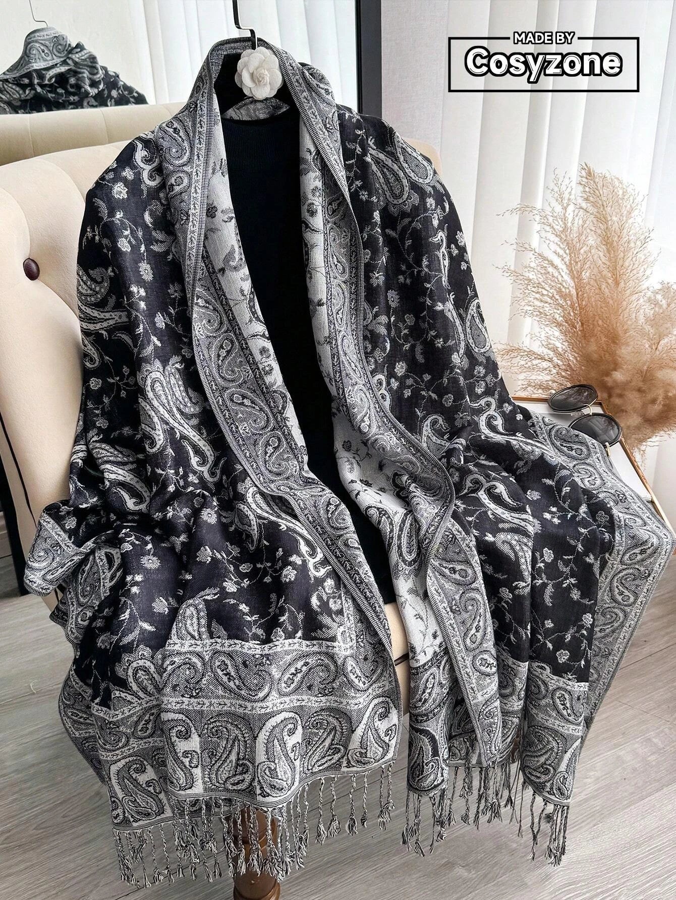 Pashmina Scarf European Bohemia Paisley Jacquard — Museum-Piece Cashmere Shawl Wrap 70×190cm — view 2 of scarves & wraps