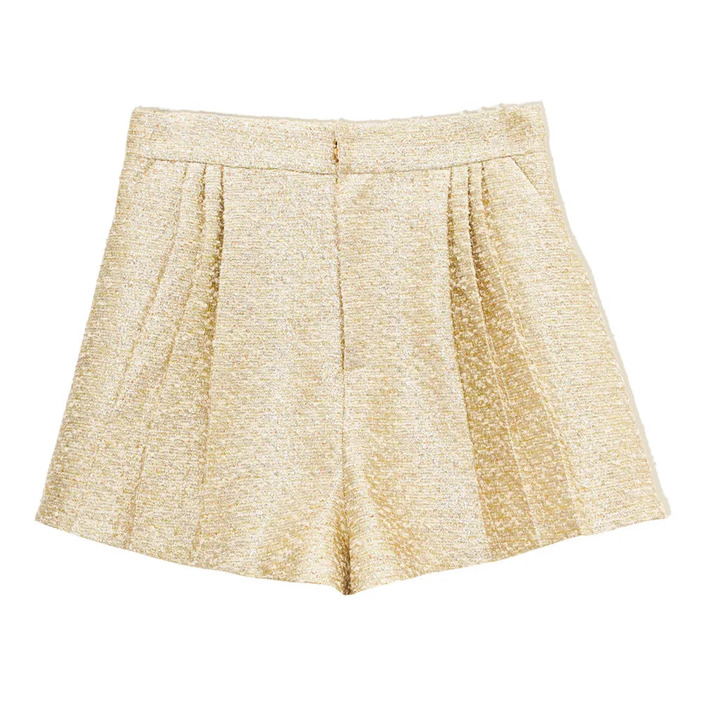 High Waist Wide Leg Shorts for Women, Tweed Shorts, Small Fragrant, Bright Silk, Champagne Short Pants, Autumn, Winter, 2024