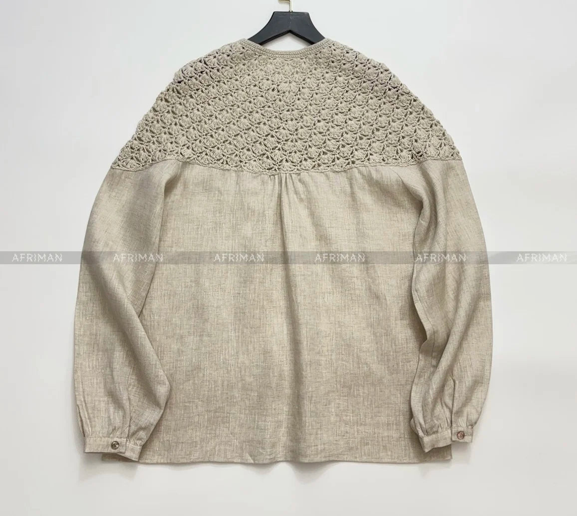 Women Vintage Style Hollow Out Crochet Wool Splicing Linen Comfortable Loose Blouse Top