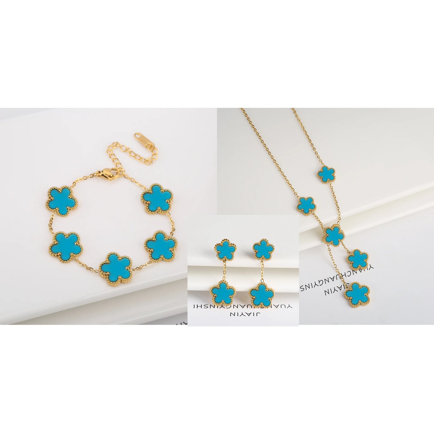 3-Piece 18K Gold-Plated Five-Leaf Flower Jewelry Set Necklace Earrings & Bracelet Clover Pendant Set