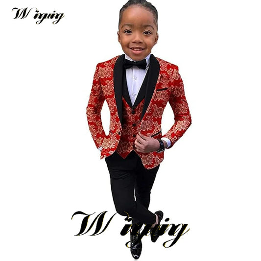 Boys Suit Wedding Tuxedo 3-Piece Set Floral Jacket Pants Vest Bow Tie Kids Fashion Slim Blazer 2023 New