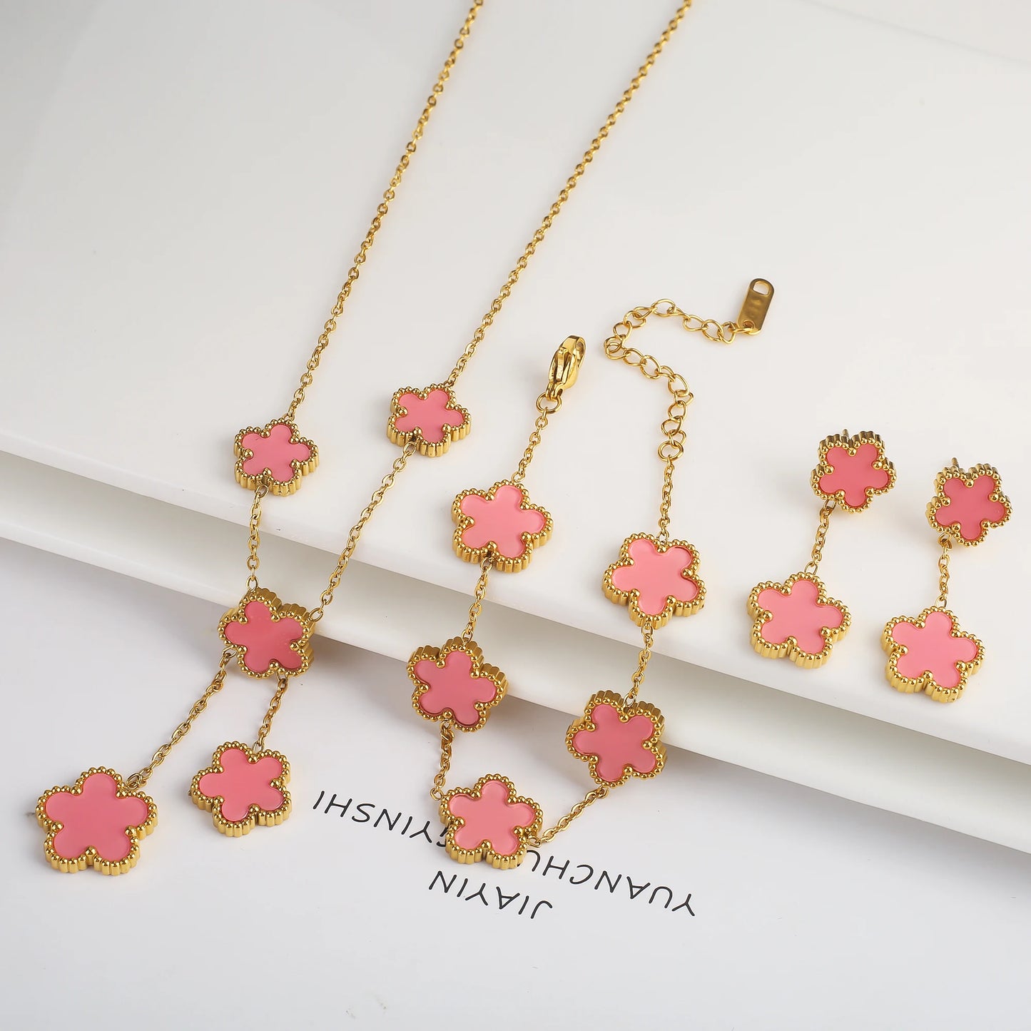 3-Piece 18K Gold-Plated Five-Leaf Flower Jewelry Set Necklace Earrings & Bracelet Clover Pendant Set — view 11 of jewelry sets