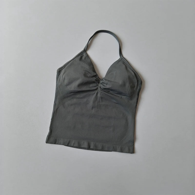 Longline Strappy Yoga Tank &mdash; Seamless Ruched Backless Gym Vest with Built-In Bra — view 7 of sports bras