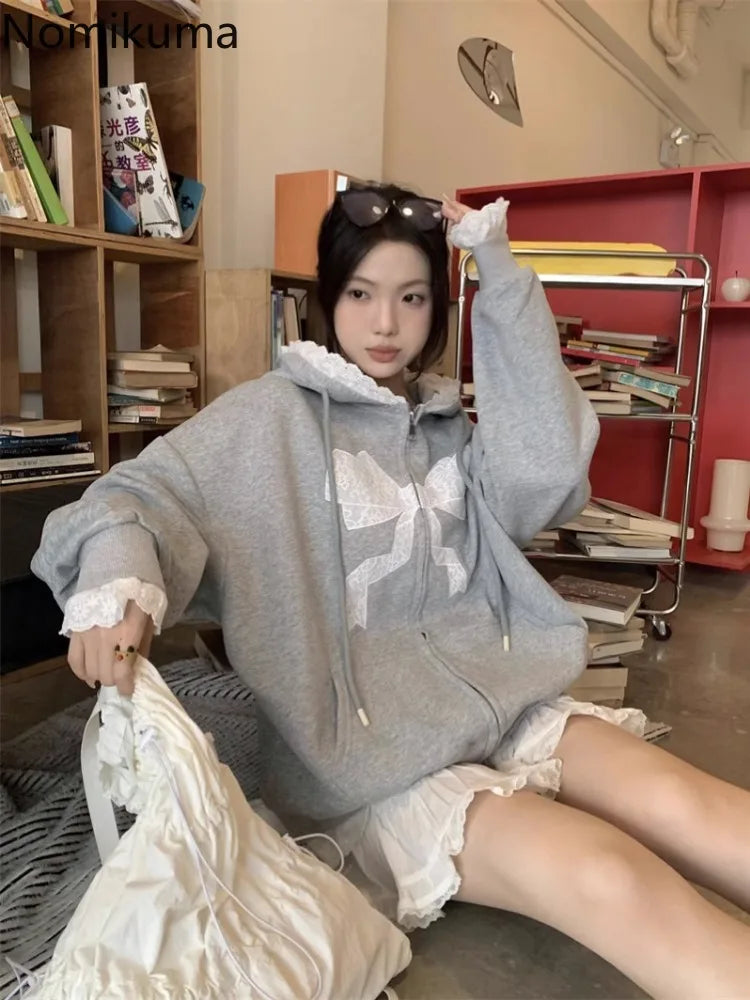 Gray Fashion Hoodie Women's Clothing Embroidery Bow Hooded Zipper Hooded Jackets Streetwear Casual Y2k Sweatshirts Ropa Mujer