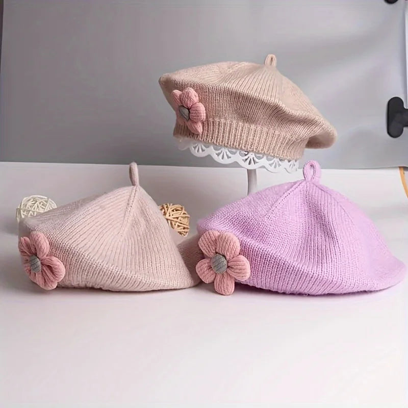 Flower Baby Beret Hat - Knitted Painter Cap for Infant Girls, Cute Toddler Princess Beret — view 5 of baby hats