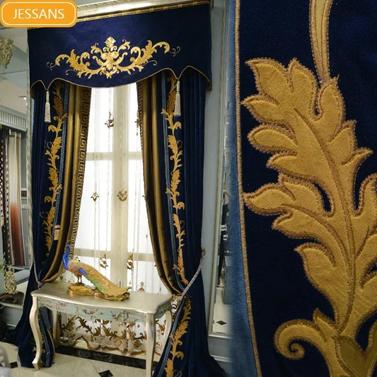 High End Dark Blue Gold Embroidered Velvet Splicing Curtains for Living Room Bedroom Villa Customized Curtains Finished Products