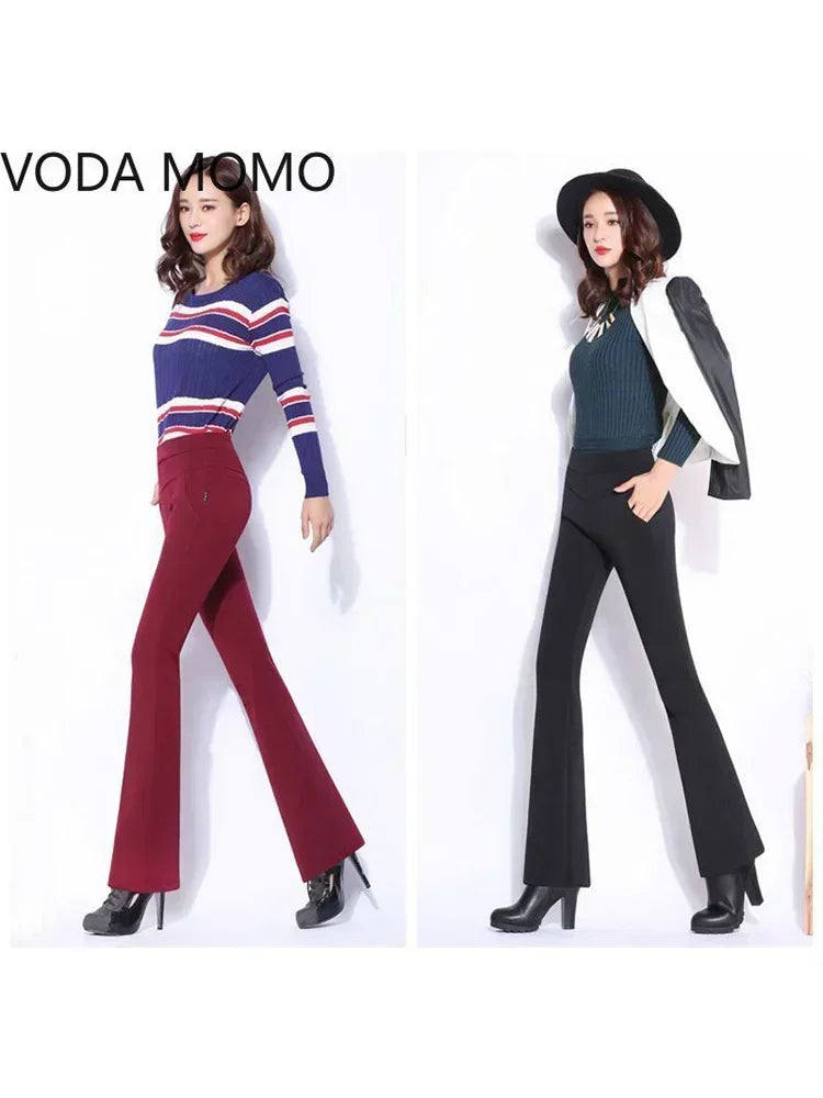 Women Winter Warm wide leg pants Velvet Thick Trousers High Waist Elastic Middle aged Mother Stretch flare Pants clothes 5XL