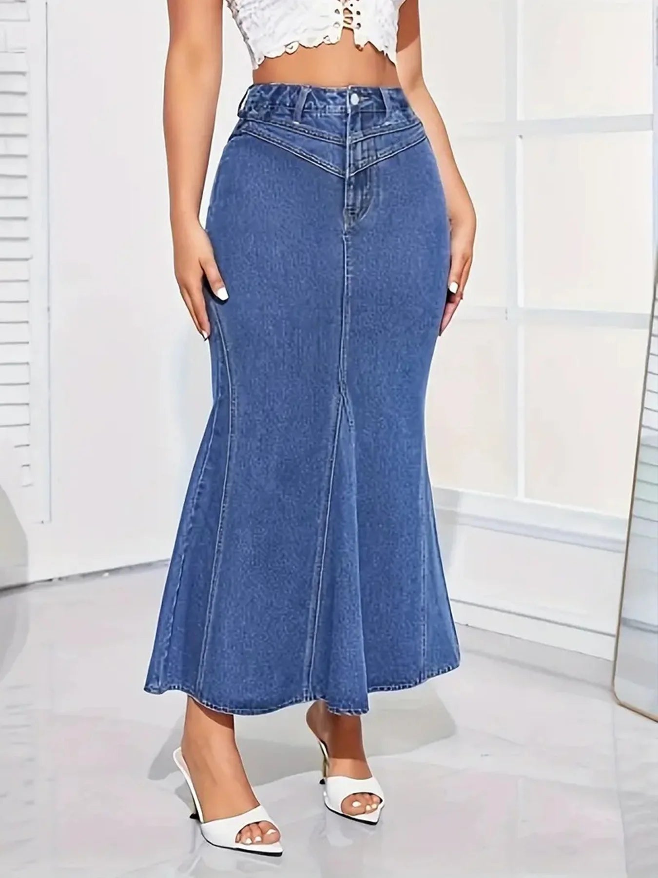 Denim Fishtail Skirt — Mid-Waist Stretch Mermaid Midi Skirt — variant view 4