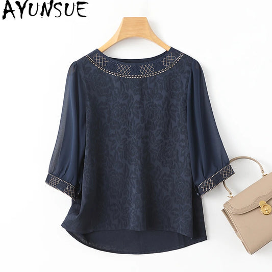 AYUNSUE 92% Natural Mulberry Silk Women’s Shirt – Embroidered Loose Summer Top for 2024