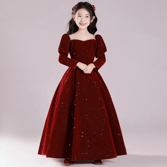 Teenmiro Hostess Costume for Children Girls Chinese New Year's Party Dress Infants Red Sequins Beading Ball Gown Teens Partywear