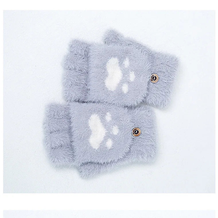 Thicken Women Warm Cat Gloves Fashion Girls Cat Claw Paw Plush Mittens Soft Plush Short Fingerless Half Finger Winter Gloves