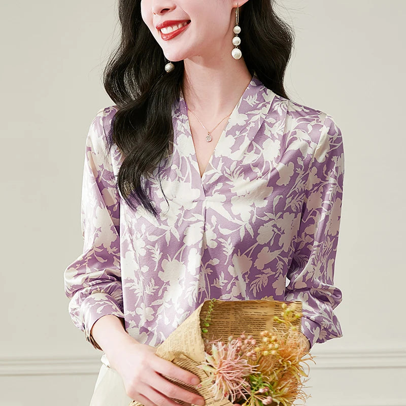 Real Silk Women's Satin Shirt Purple Black Blouses V-neck Elegant Shirts For Women Long Sleeve Tops Woman Floral Print Blouse