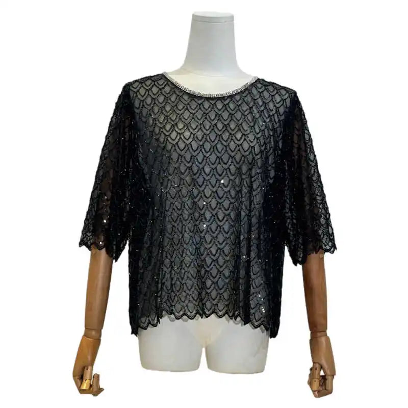 Fashionable Elegant Rhinestone Blouse Women 2024 Summer Sexy Tulle Half-Sleeved Loose Short Sleeve Sequin Bead Tops Female