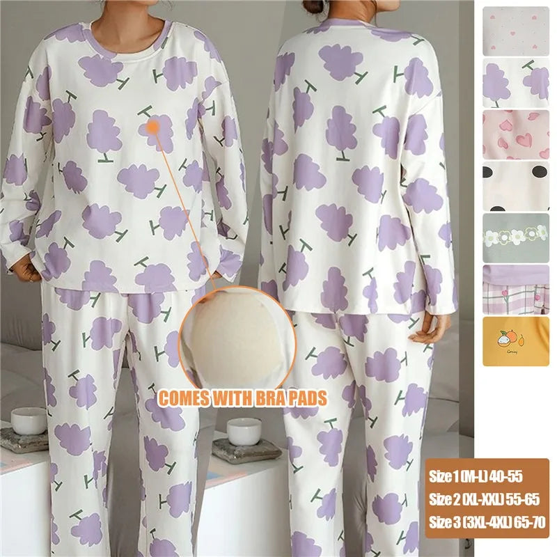 Long Sleeve Pajama Sets Women Sleepwear Padded Autumn Full Length Korean New Home Cozy O-Neck