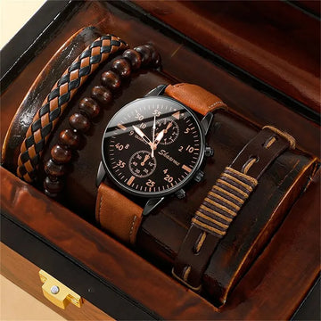 Men's Luxury Watch & Bracelet Gift Set — Fashion Business Brown Leather Quartz Wristwatch — view 1 of watches