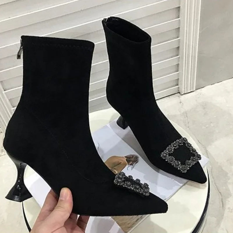 Pointed-Toe Heeled Ankle Boots — Flock Fashion Booties for Spring — view 4 of boots