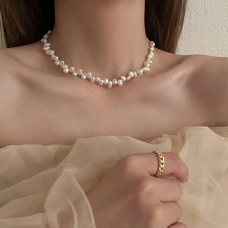 Pearl Baroque Choker Necklace — White Collarbone Chain Wedding & Fashion Piece — view 2 of necklaces