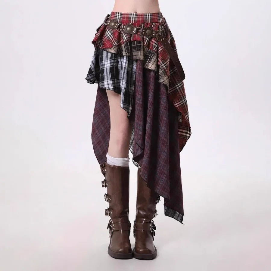 Vintage Plaid Asymmetric High-Waist Skirt — Preppy Academia Statement — back view