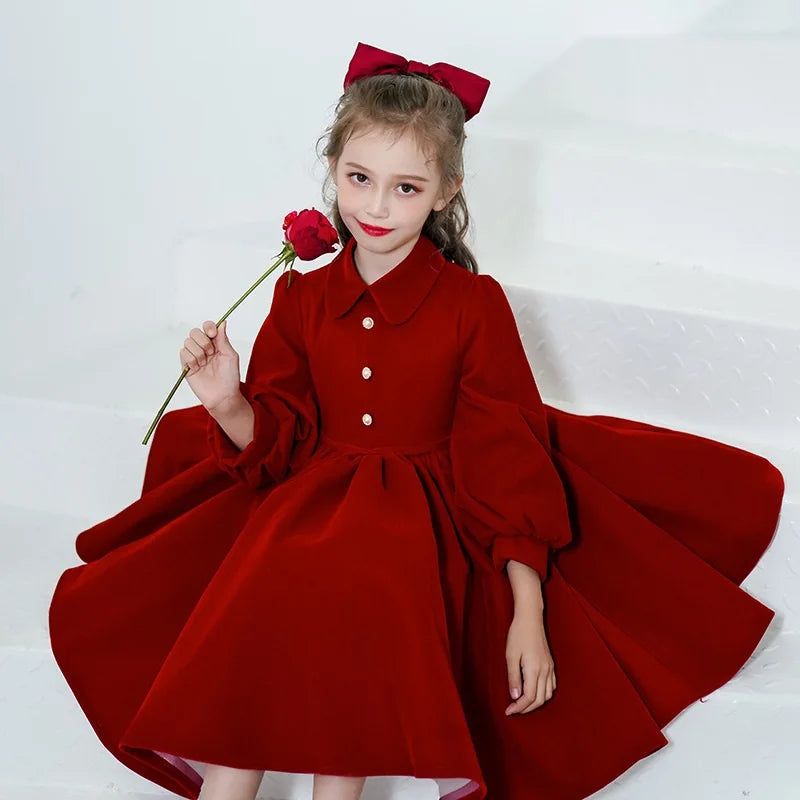 Fashion Baby Girl Princess Dress Long Sleeve Child Vintage Vestido Red Green Party Birthday Christmas Baby Clothes 1-12Y