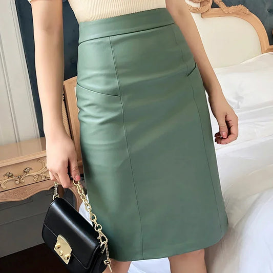 NEW Winter Women Genuine Leather Midi Long Skirt OL Elegant Simple Slim Saia Mujer Green/Black Sexy Wrap Jupe Street Wear Faldas