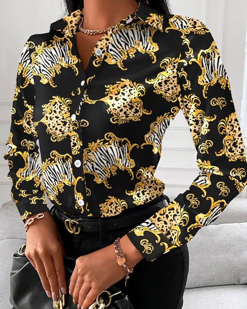 Women casual office printed shirt spring and autumn fashionable button up long sleeved shirt elegant splicing slim fit top women