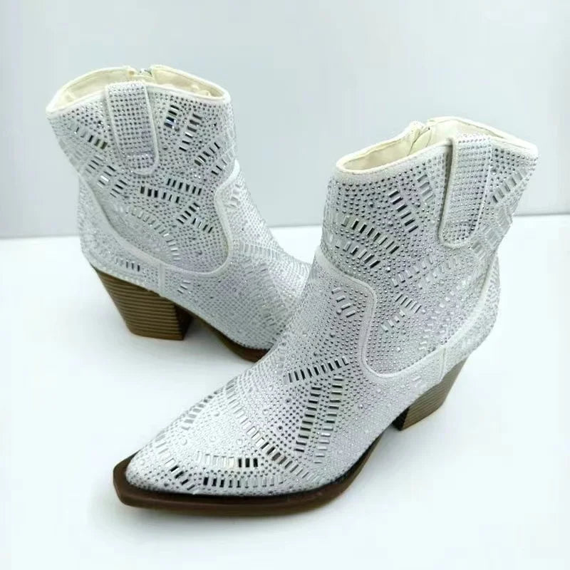 Diamond Chelsea Cowboy Boots — Y2K Western Ankle Boots with Crystal Detailing — view 9 of boots
