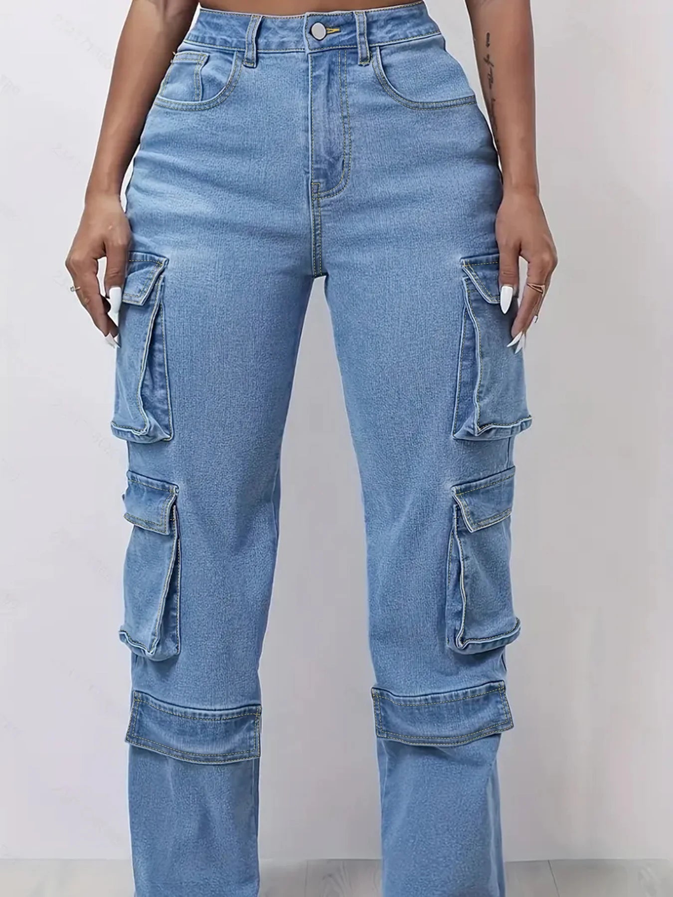 Plus-Size Light-Wash Cargo Jeans — Multi-Pocket Straight-Leg Streetwear Denim — back view