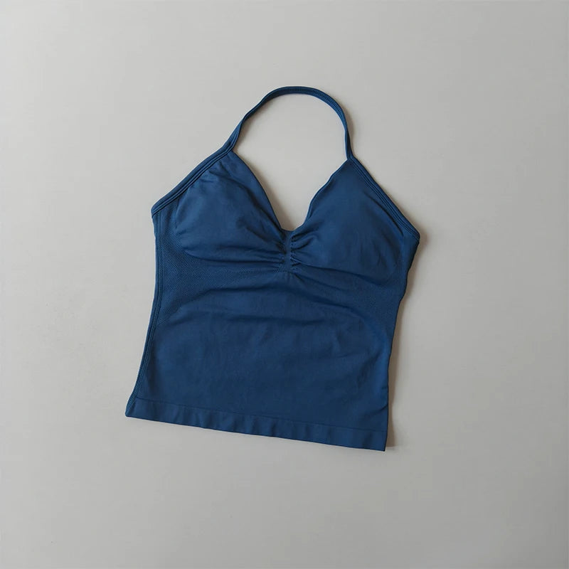 Longline Strappy Yoga Tank &mdash; Seamless Ruched Backless Gym Vest with Built-In Bra — view 4 of sports bras