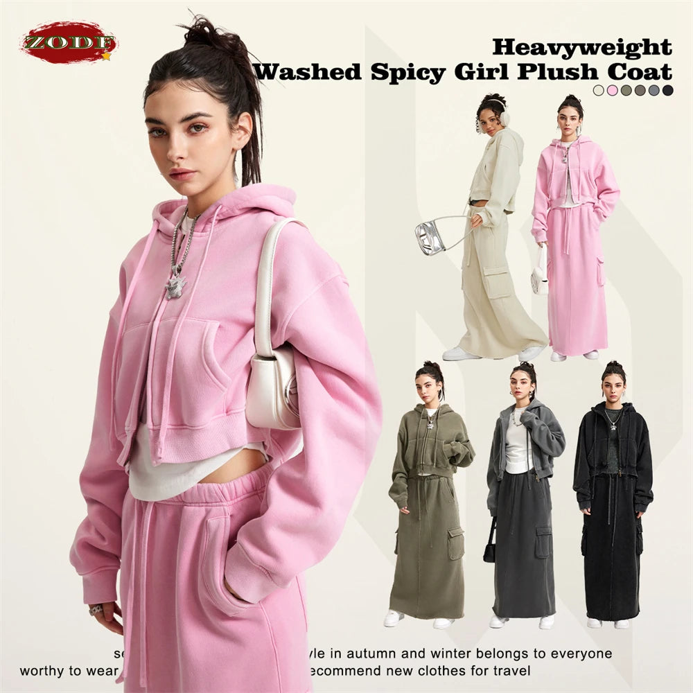 ZODF Retro 2023 Winter Women Short Zipper Hoodies Female Girls Loose 355gsm Thick Fleece Hooded Zip-up Coat Streetwears HY0448