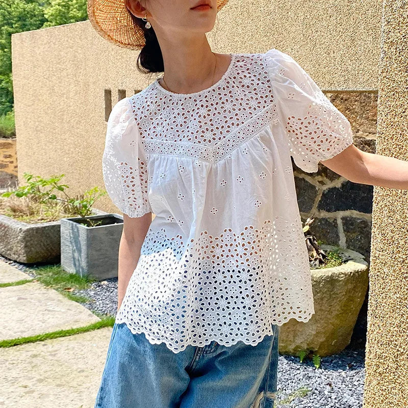 Floral Eyelets Cotton White Blouse Vacation Embroidered Cut-out Puff Sleeves Tops Short-sleeved Summer Shirt Women Clothing